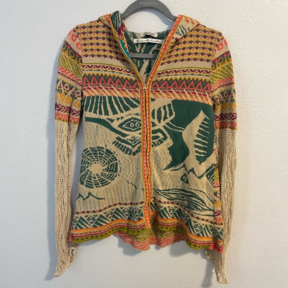 Ivko Multicolor Hooded Geometric Pattern Jacket Hand Knit Multicolor Small 36